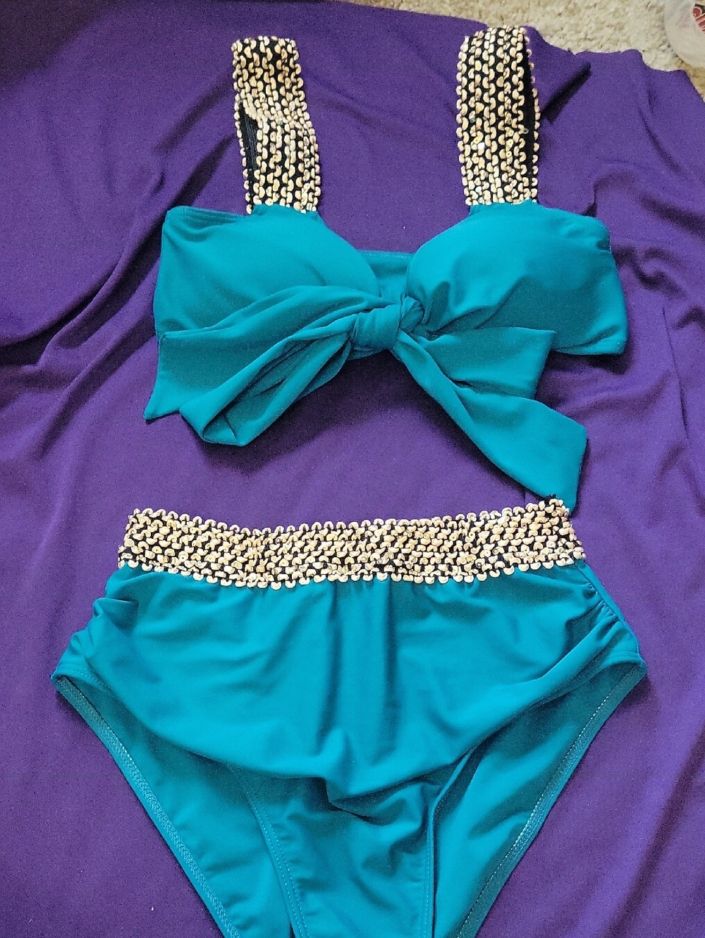NWOT Teal Two-Piece Bikini Set with Gold Rikrak Trim